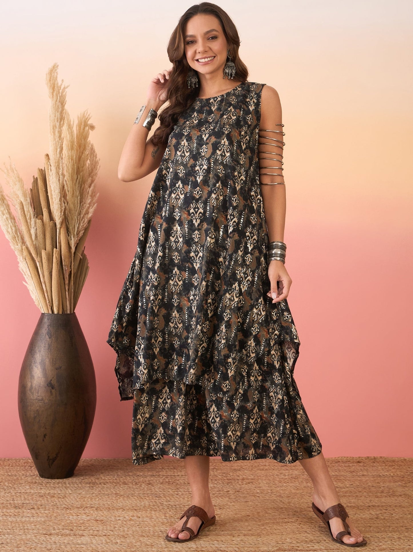 InWeave Black Ikkat Print Foil Round Neck Palazzo Set - Swadesiicart