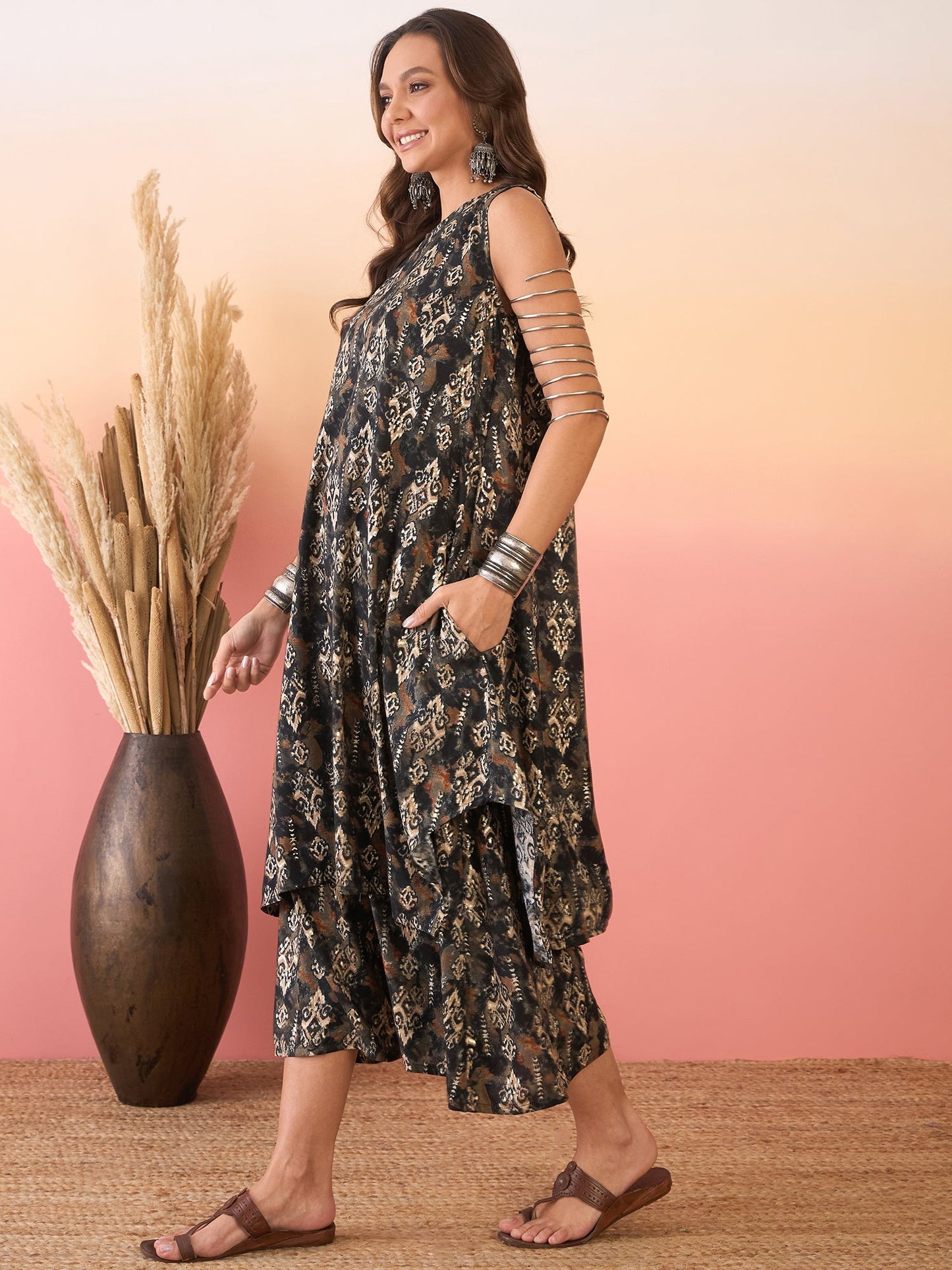 InWeave Black Ikkat Print Foil Round Neck Palazzo Set - Swadesiicart