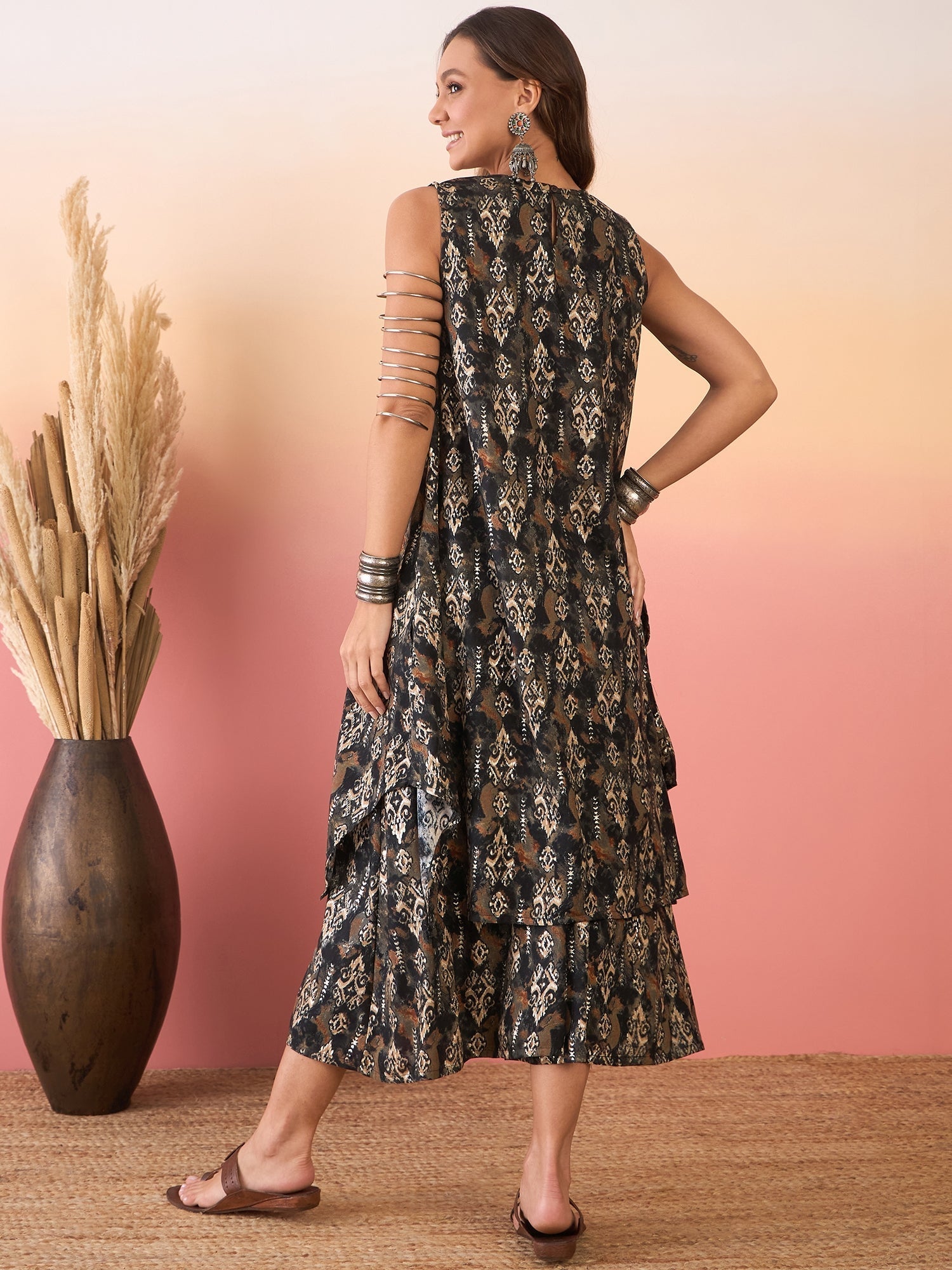 InWeave Black Ikkat Print Foil Round Neck Palazzo Set - Swadesiicart