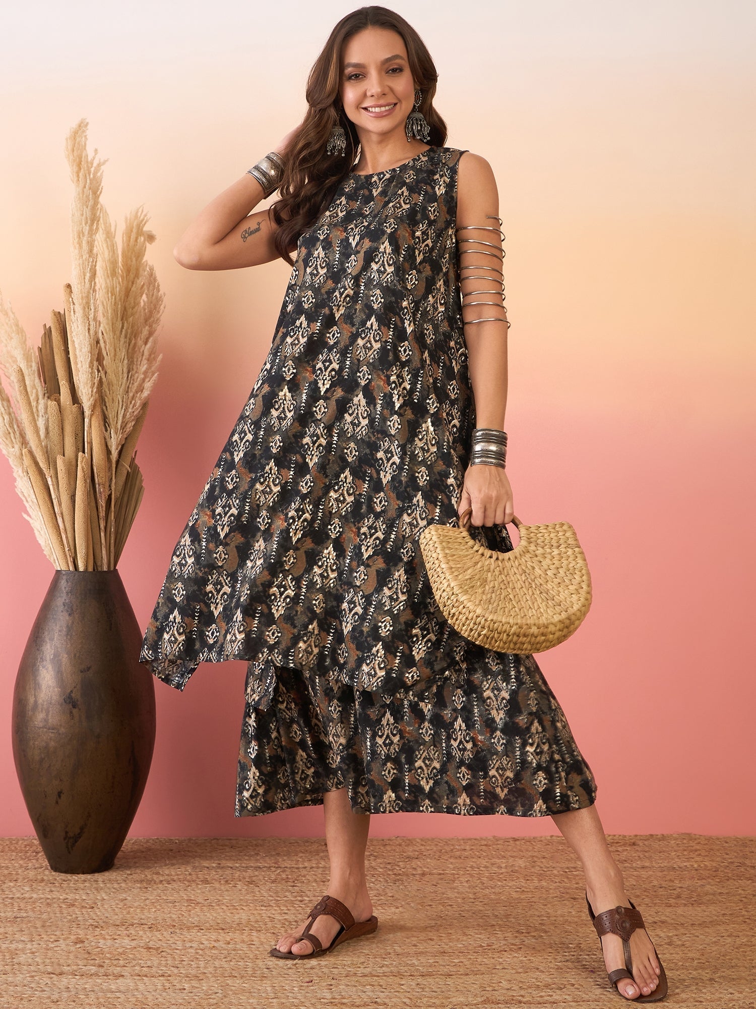 InWeave Black Ikkat Print Foil Round Neck Palazzo Set - Swadesiicart