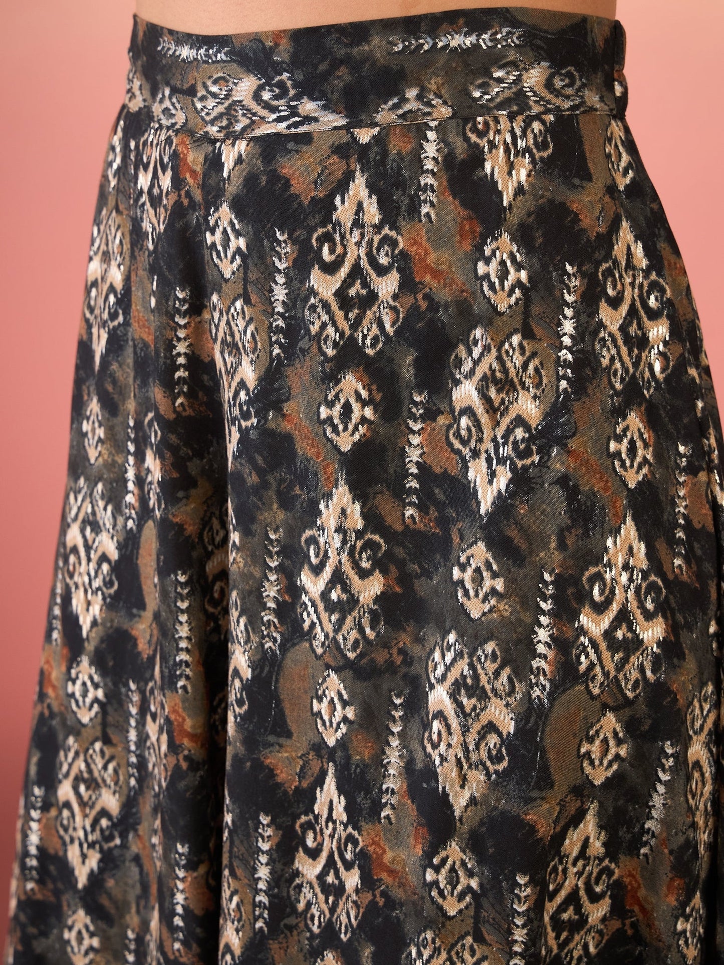 InWeave Black Ikkat Print Foil Round Neck Palazzo Set - Swadesiicart