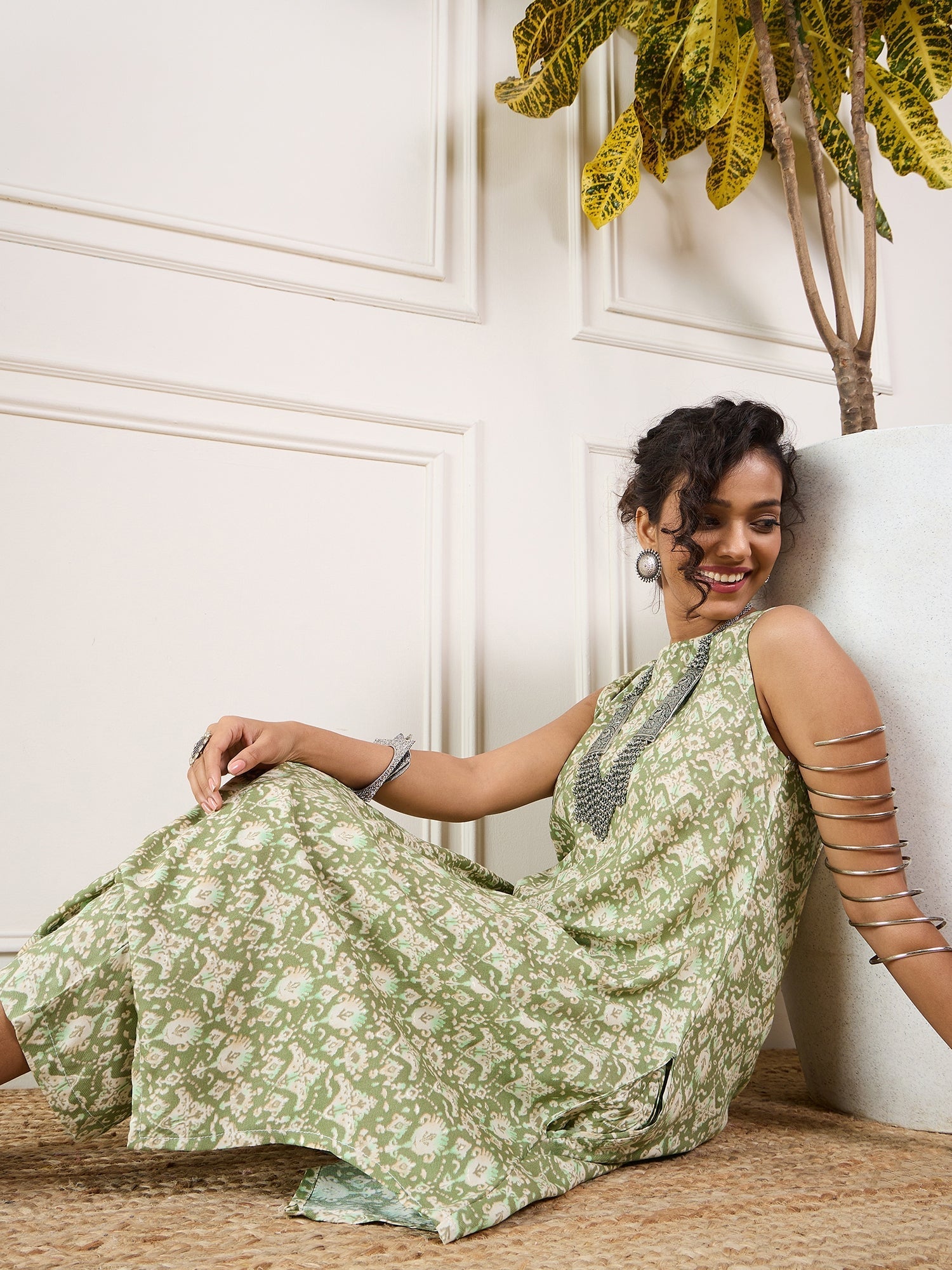 InWeave Apple Green Ikkat Print Foil Round Neck Kurta Pant Set - Swadesiicart