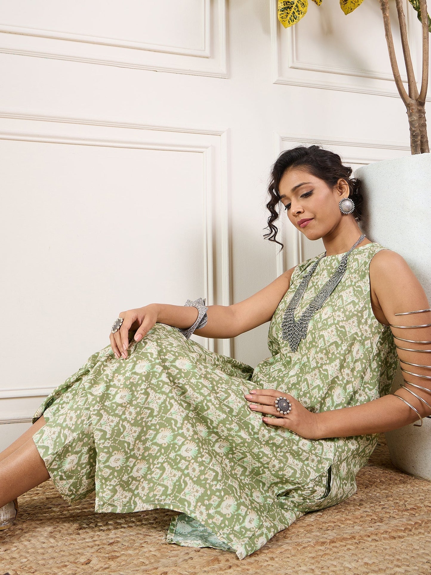InWeave Apple Green Ikkat Print Foil Round Neck Kurta Pant Set - Swadesiicart