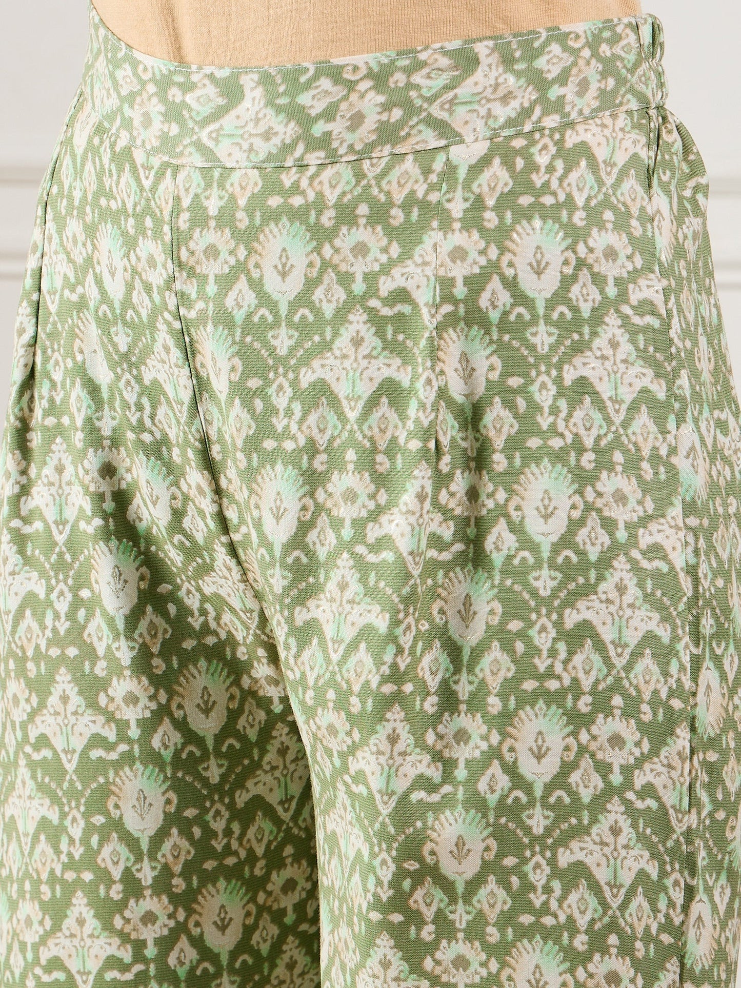 InWeave Apple Green Ikkat Print Foil Round Neck Kurta Pant Set - Swadesiicart