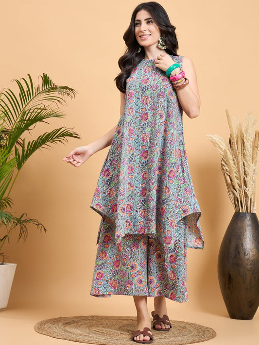 InWeave Grey Kantha Floral Jaal Short Palazzo Set - Swadesiicart