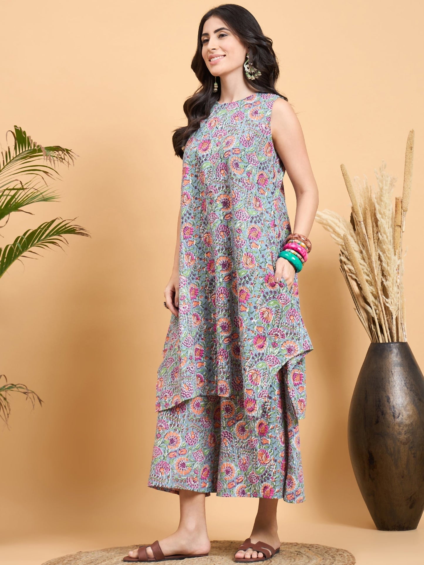InWeave Grey Kantha Floral Jaal Short Palazzo Set - Swadesiicart