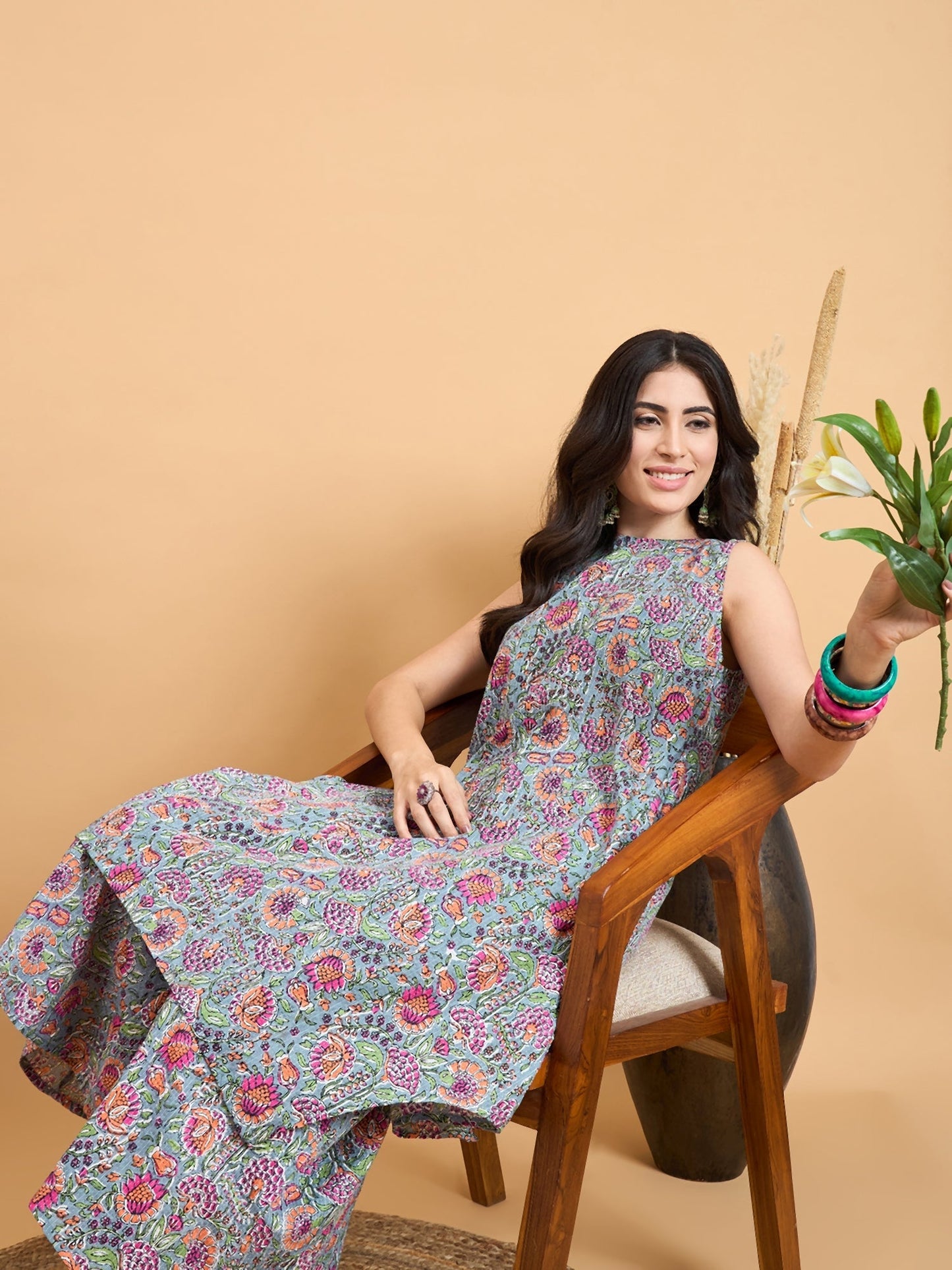 InWeave Grey Kantha Floral Jaal Short Palazzo Set - Swadesiicart