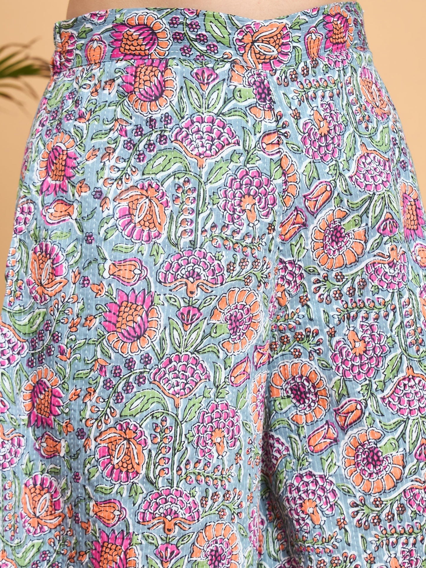 InWeave Grey Kantha Floral Jaal Short Palazzo Set - Swadesiicart