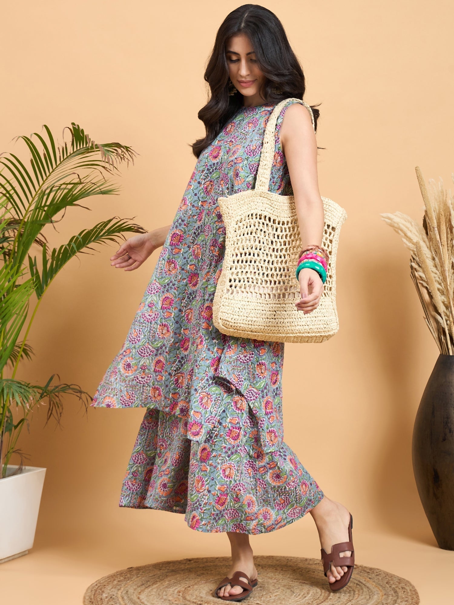 InWeave Grey Kantha Floral Jaal Short Palazzo Set - Swadesiicart