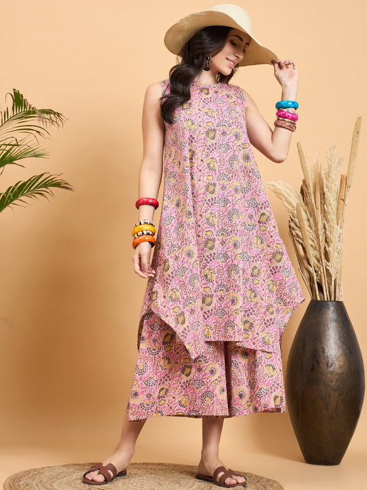 InWeave Pastel Pink Kantha Floral Jaal Short Palazzo Set - Swadesiicart