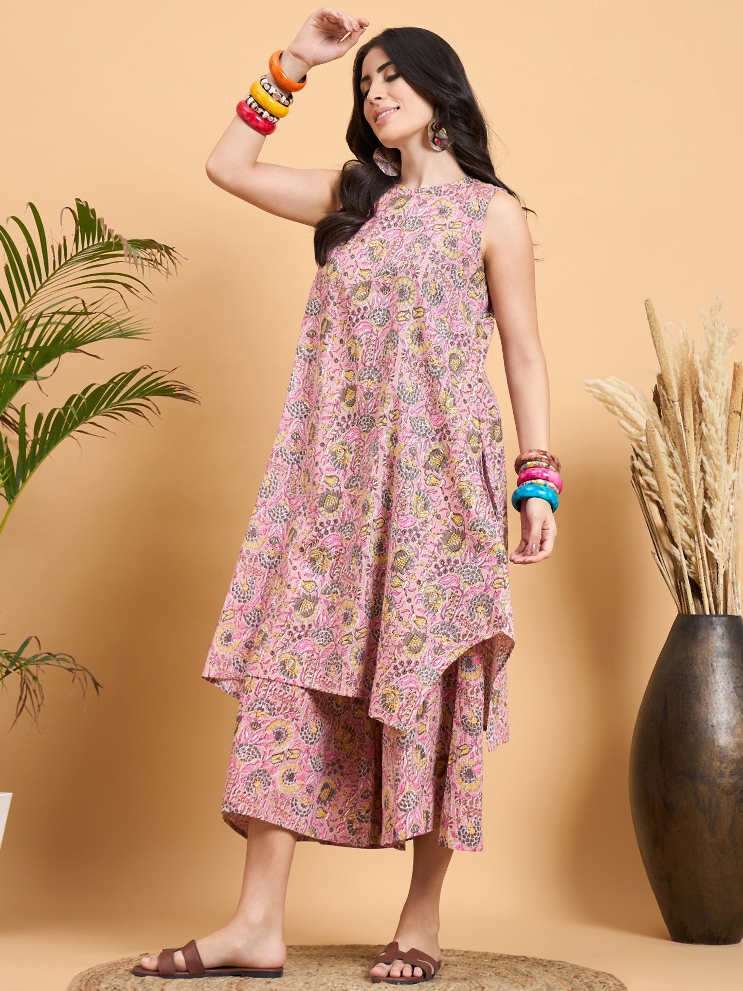 InWeave Pastel Pink Kantha Floral Jaal Short Palazzo Set - Swadesiicart