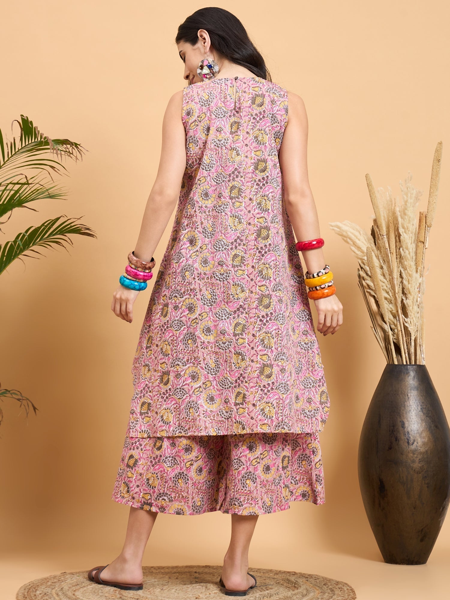 InWeave Pastel Pink Kantha Floral Jaal Short Palazzo Set - Swadesiicart