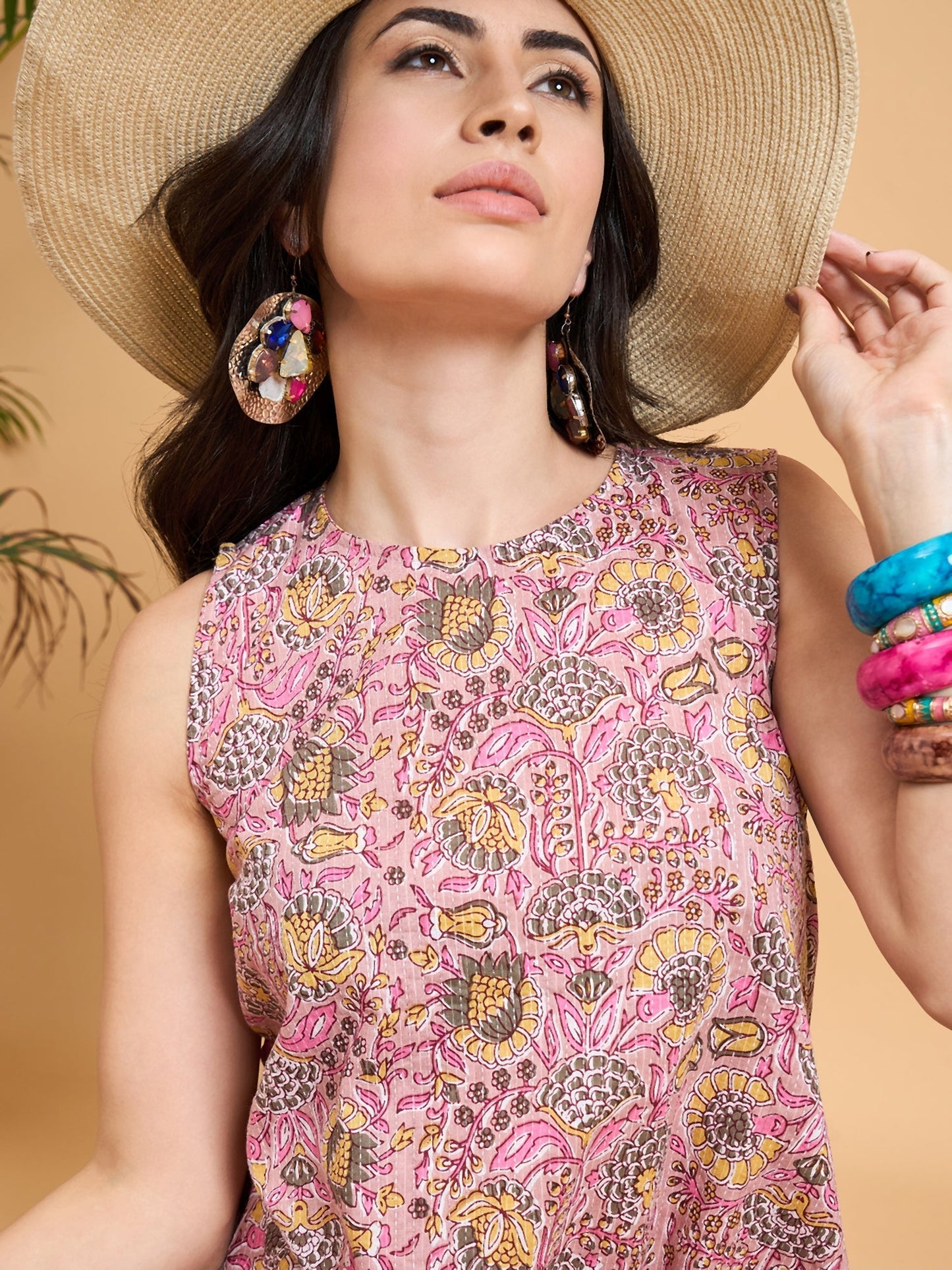 InWeave Pastel Pink Kantha Floral Jaal Short Palazzo Set - Swadesiicart