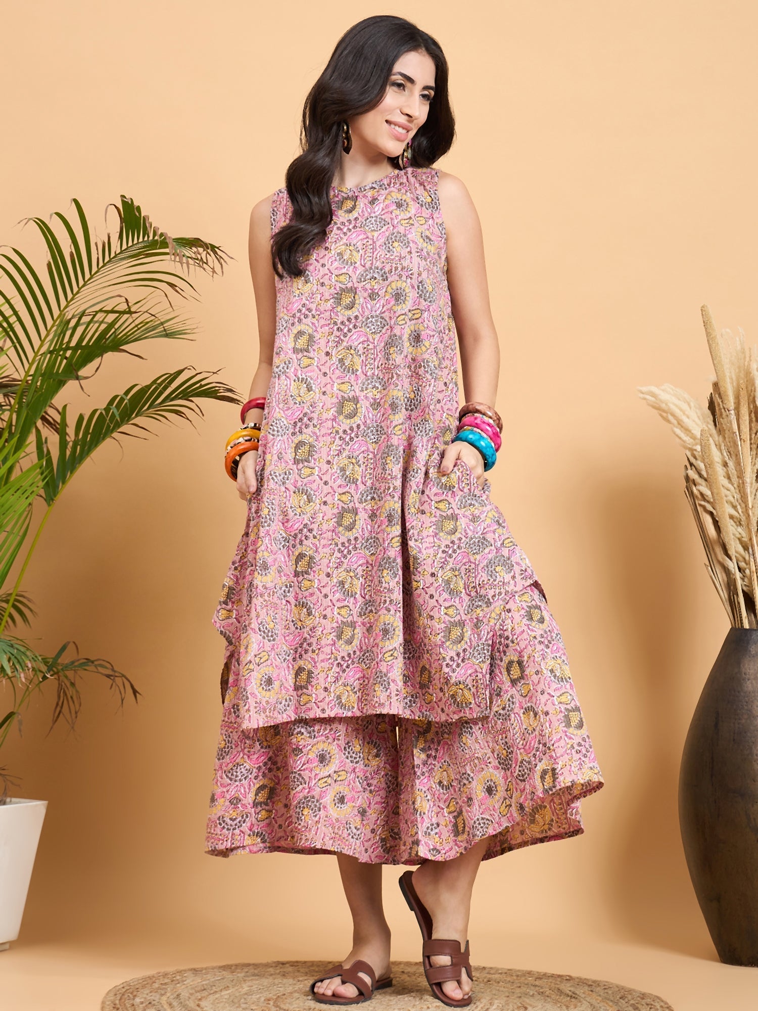 InWeave Pastel Pink Kantha Floral Jaal Short Palazzo Set - Swadesiicart