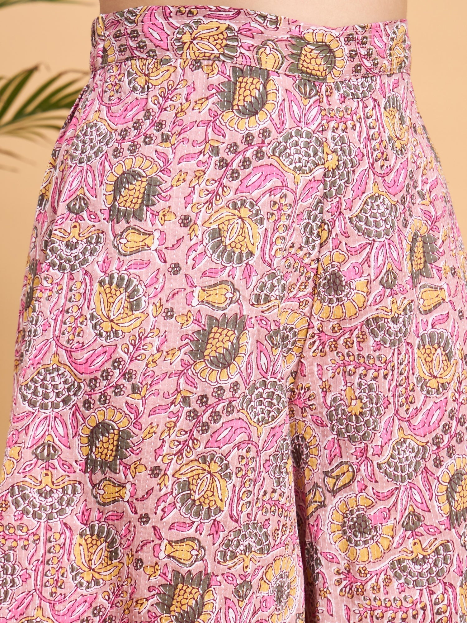InWeave Pastel Pink Kantha Floral Jaal Short Palazzo Set - Swadesiicart
