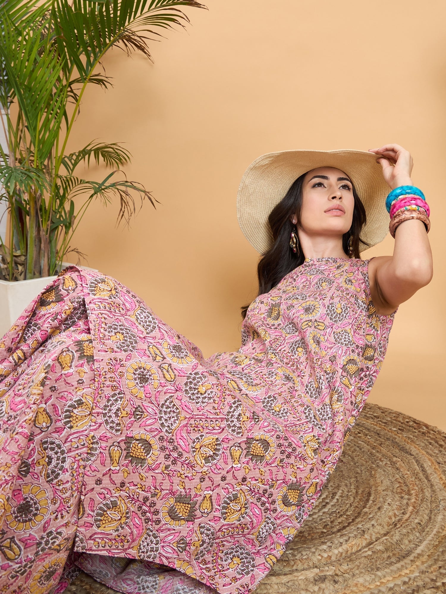 InWeave Pastel Pink Kantha Floral Jaal Short Palazzo Set - Swadesiicart