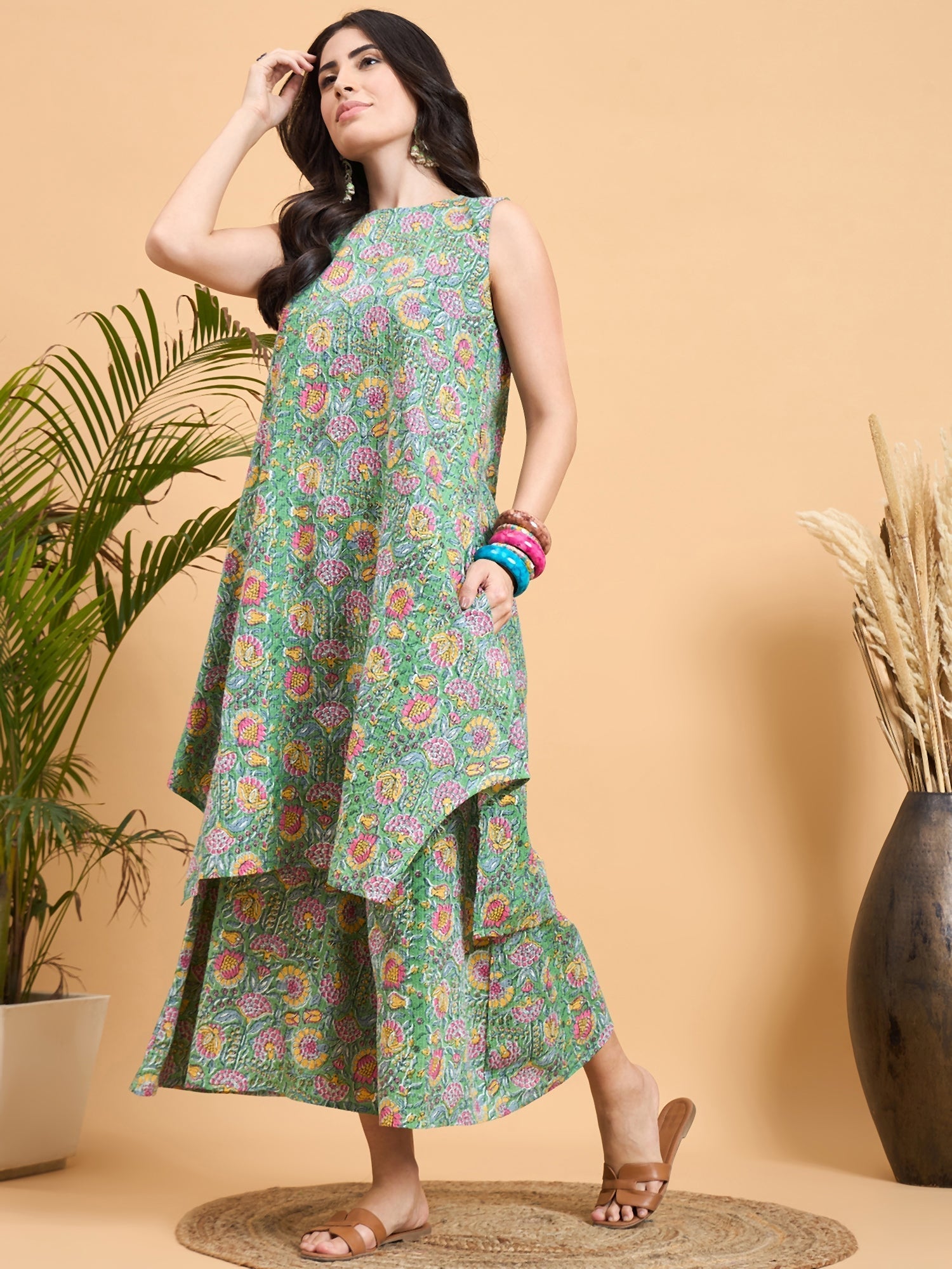 InWeave Mint Green Kantha Floral Jaal Short Palazzo Set - Swadesiicart