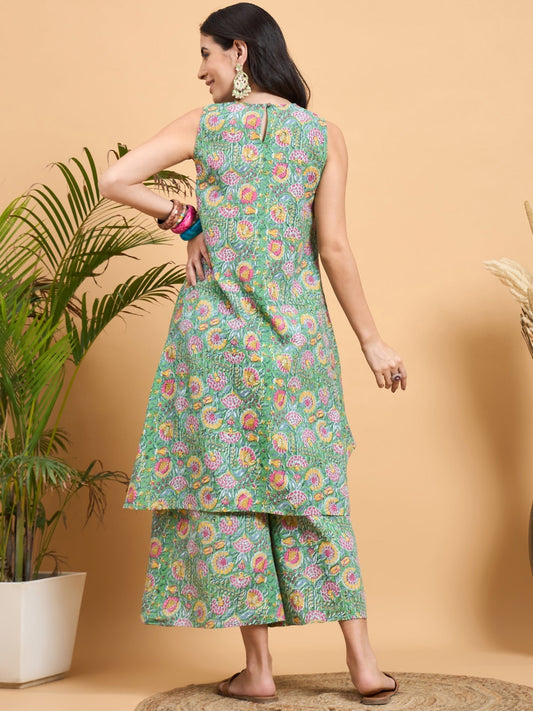 InWeave Mint Green Kantha Floral Jaal Short Palazzo Set - Swadesiicart