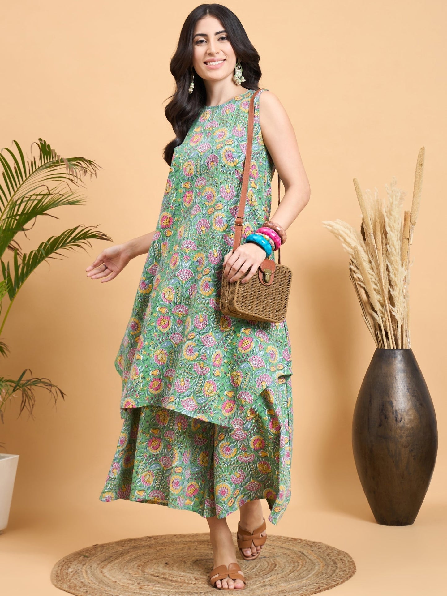 InWeave Mint Green Kantha Floral Jaal Short Palazzo Set - Swadesiicart