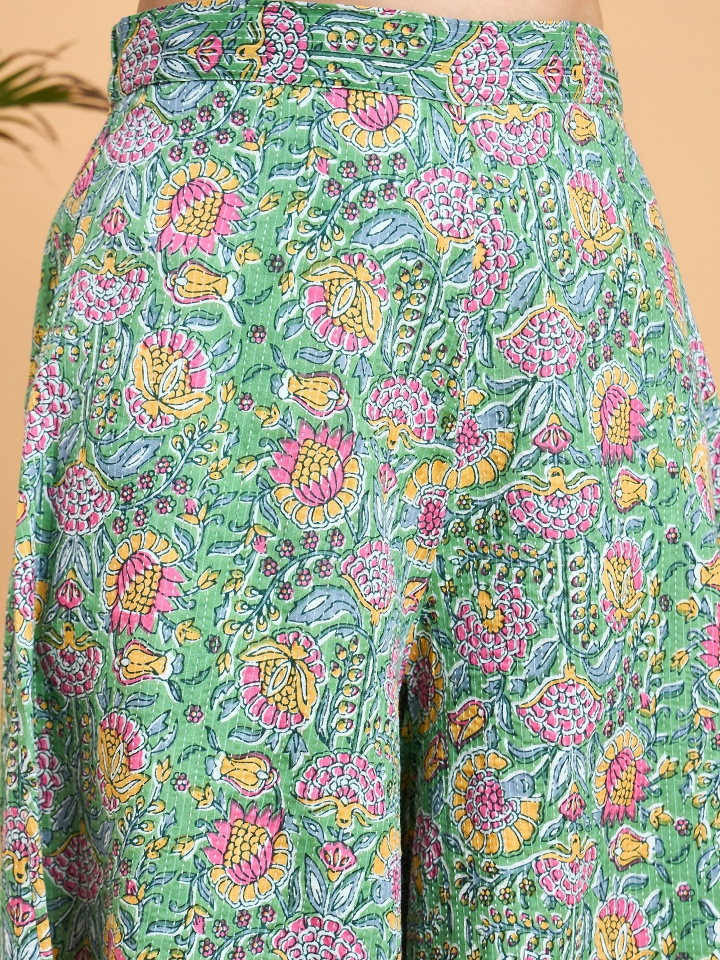 InWeave Mint Green Kantha Floral Jaal Short Palazzo Set - Swadesiicart