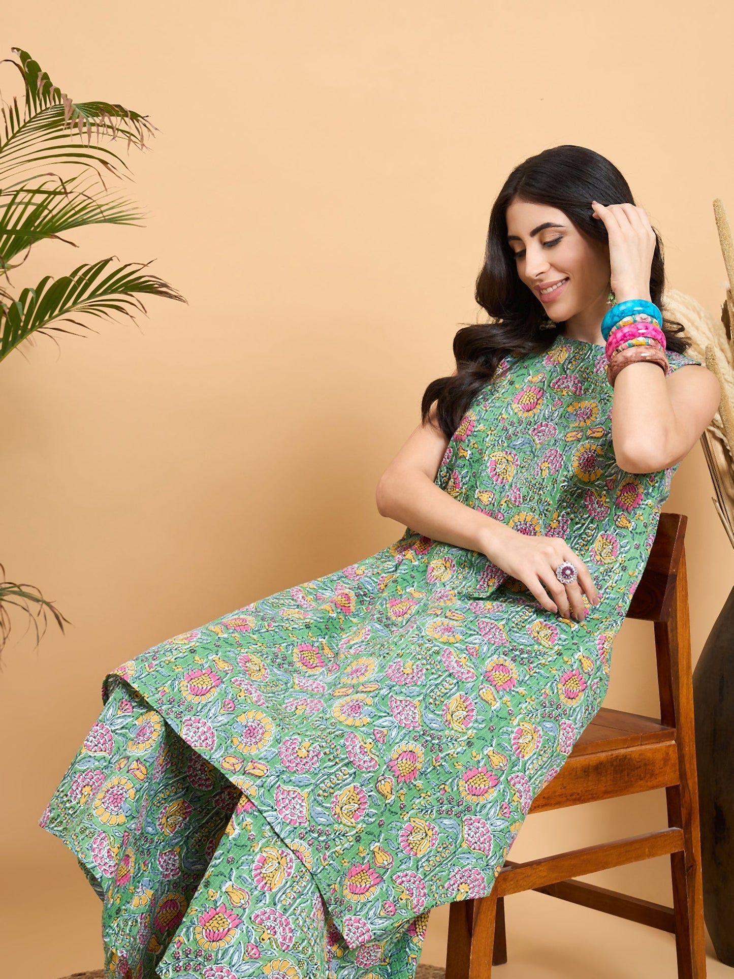 InWeave Mint Green Kantha Floral Jaal Short Palazzo Set - Swadesiicart