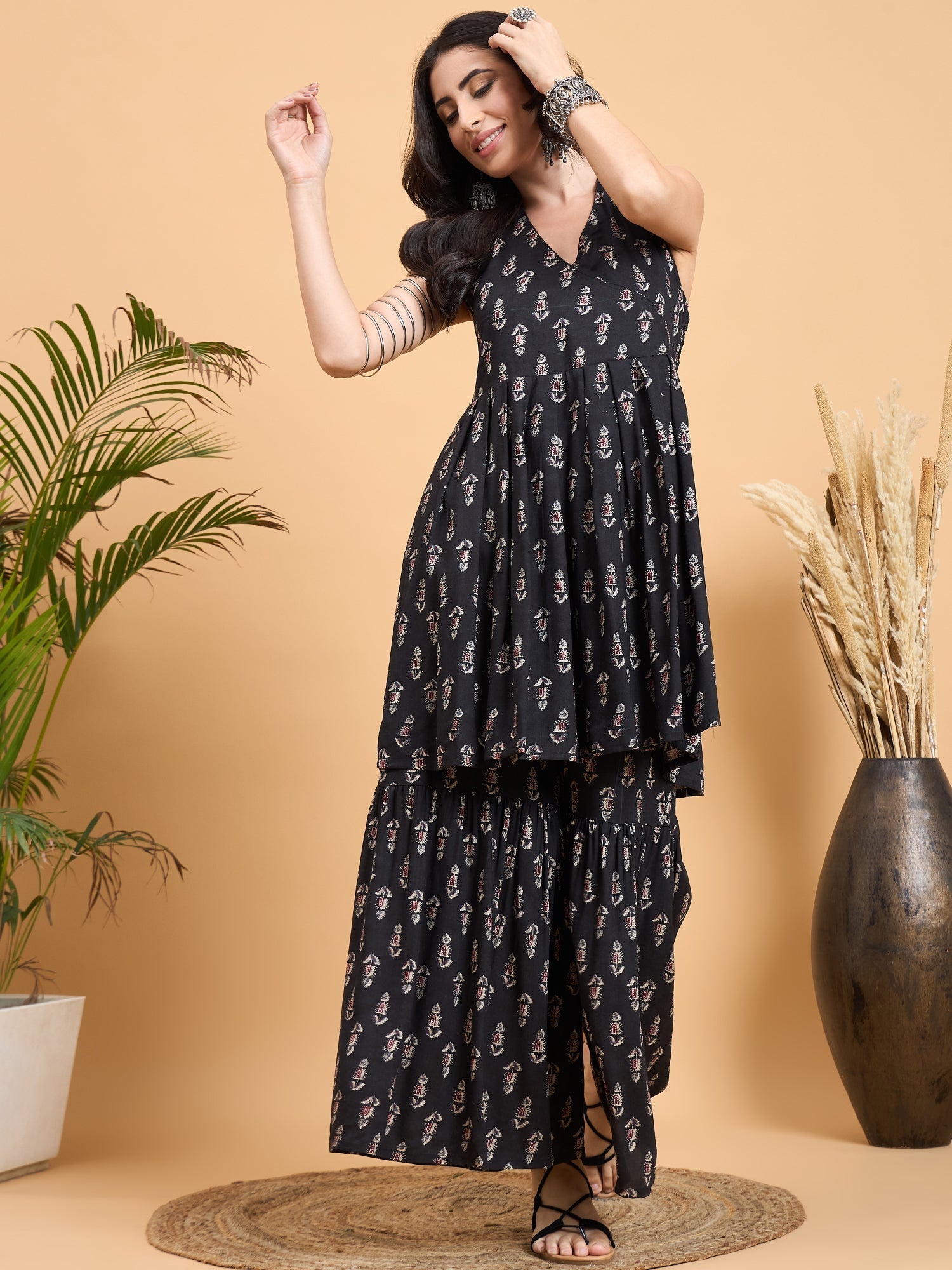 InWeave Black Booti Rapid Print Backless Kurta Sharara Set - Swadesiicart