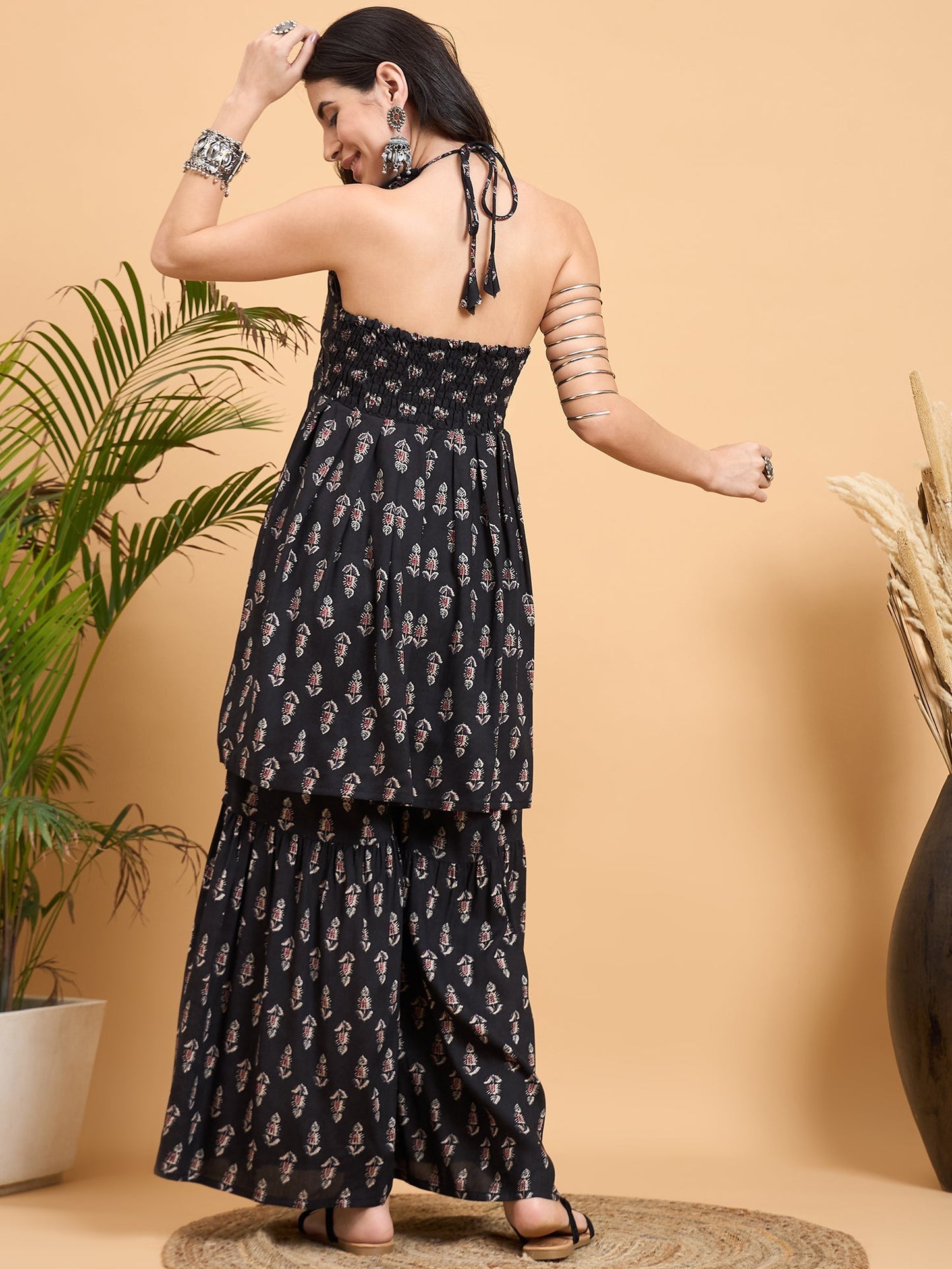 InWeave Black Booti Rapid Print Backless Kurta Sharara Set - Swadesiicart