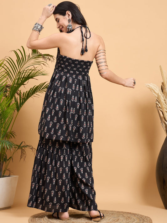 InWeave Black Booti Rapid Print Backless Kurta Sharara Set - Swadesiicart