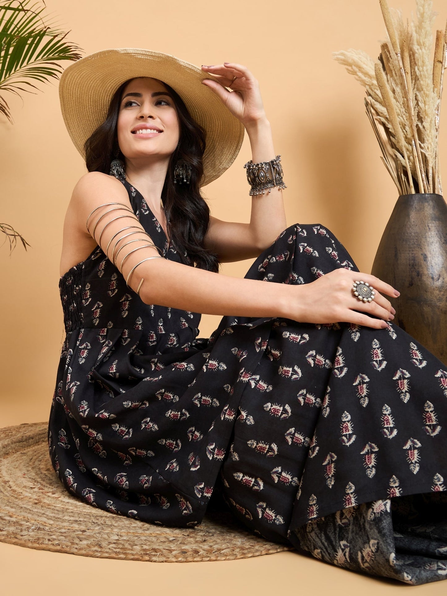InWeave Black Booti Rapid Print Backless Kurta Sharara Set - Swadesiicart