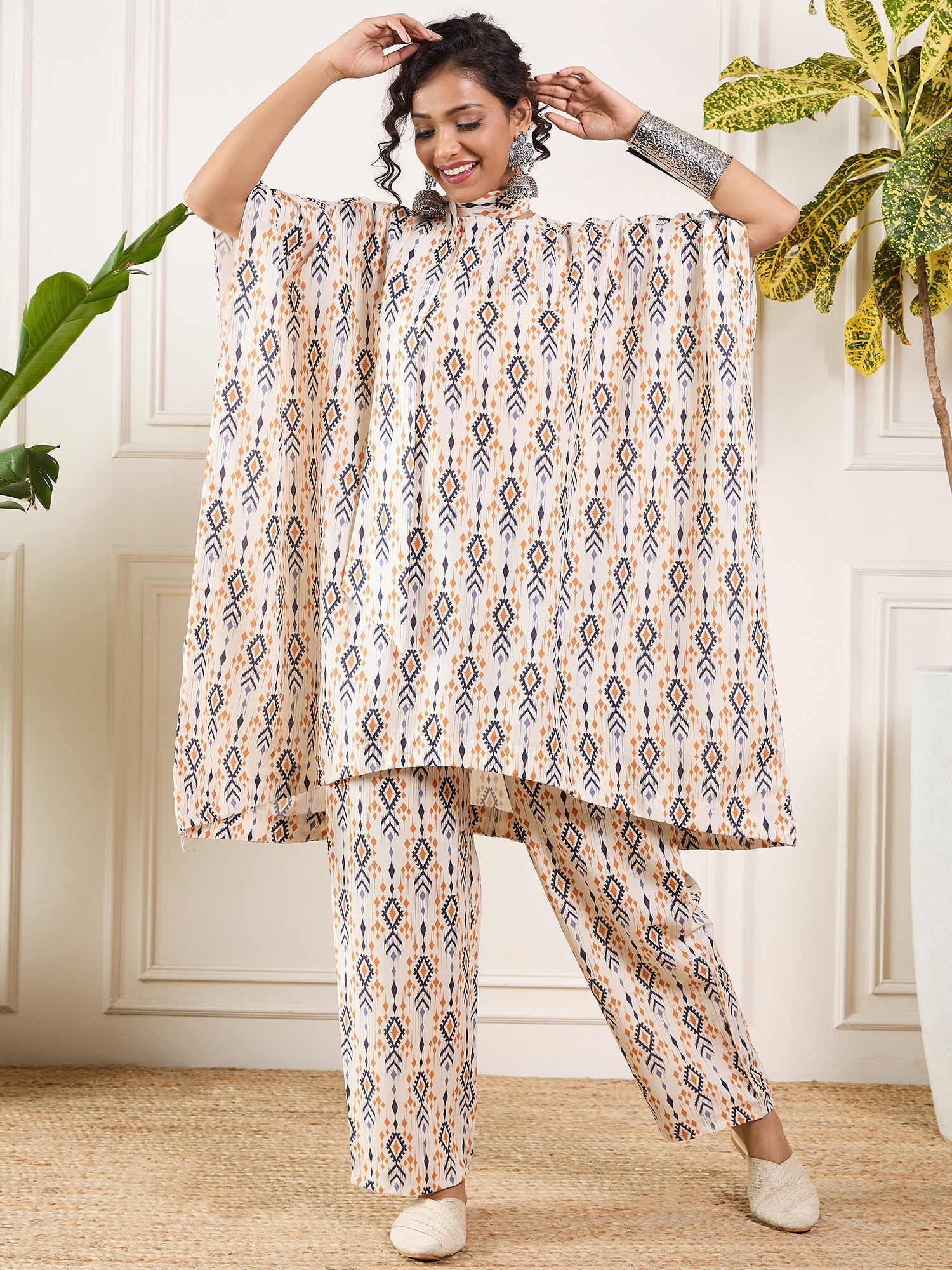 InWeave Off White Orange Black Ikkat Print Tie Neck Kaftan Boho Set - Swadesiicart