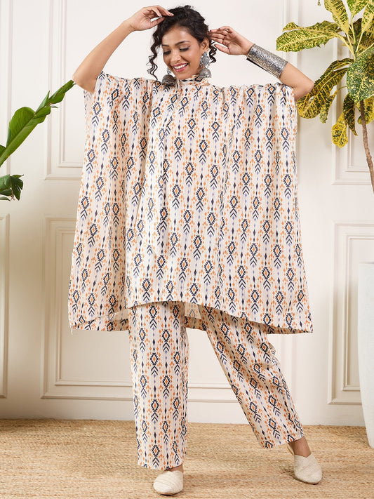 InWeave Off White Orange Black Ikkat Print Tie Neck Kaftan Boho Set - Swadesiicart