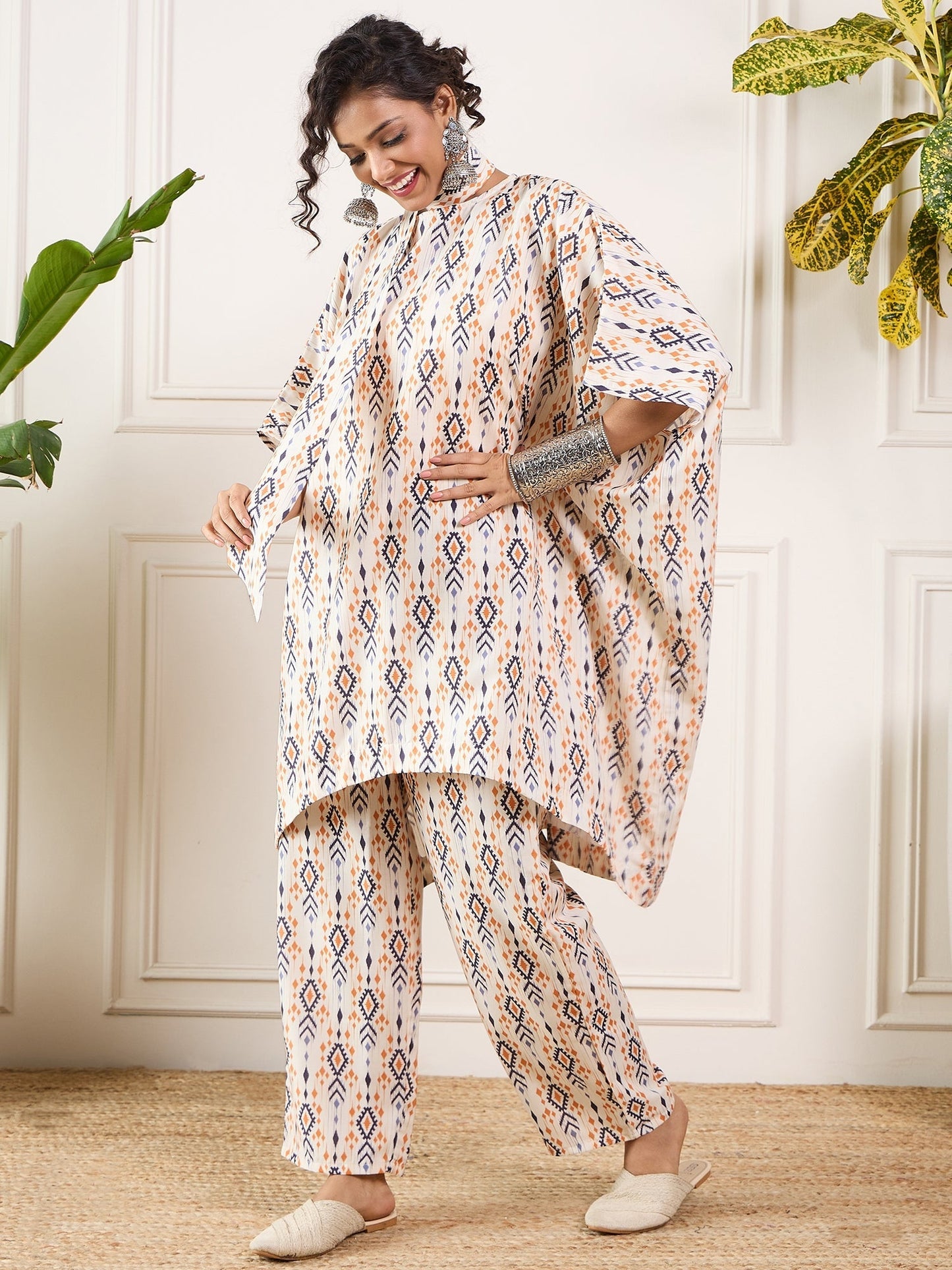 InWeave Off White Orange Black Ikkat Print Tie Neck Kaftan Boho Set - Swadesiicart