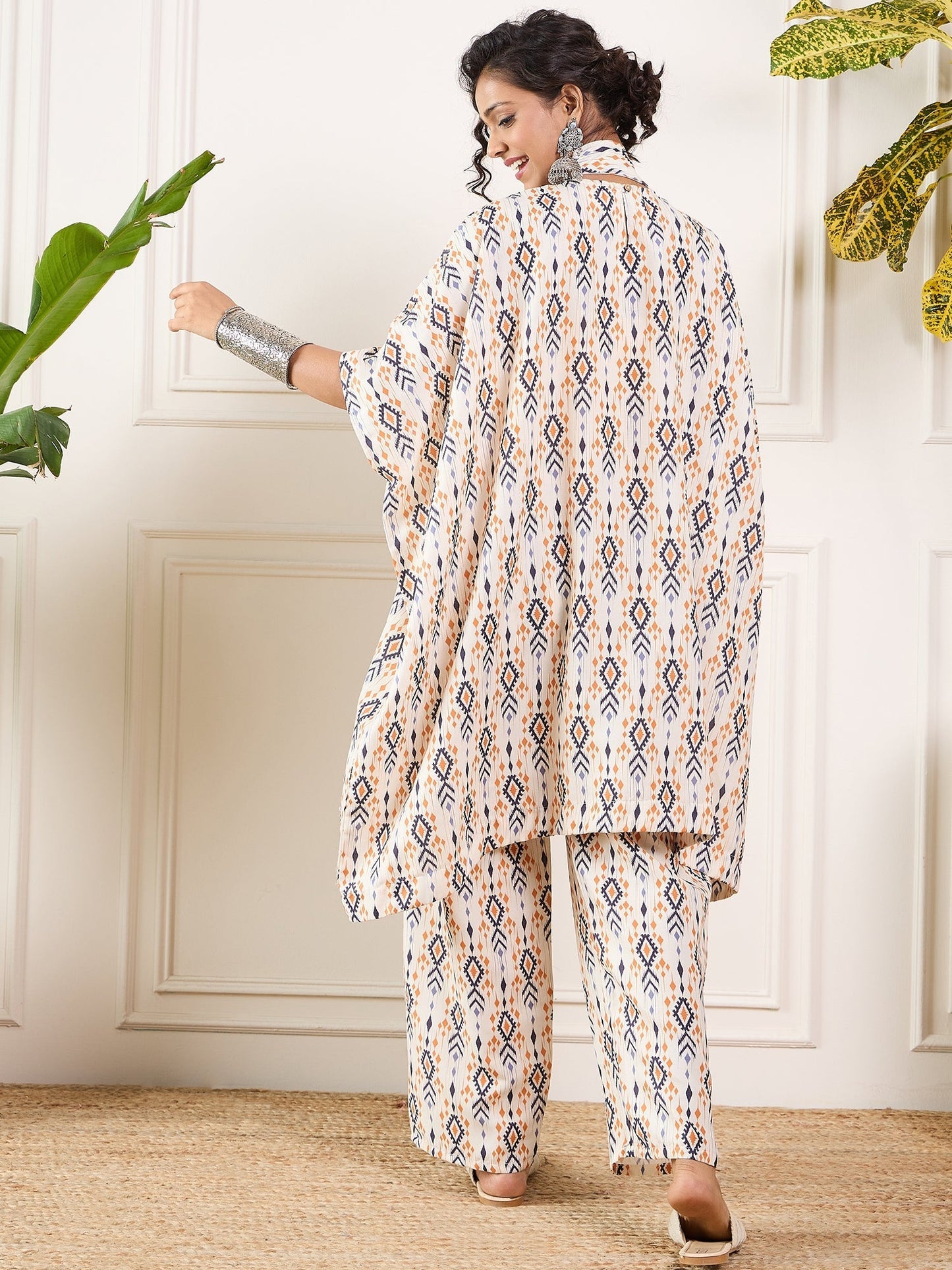 InWeave Off White Orange Black Ikkat Print Tie Neck Kaftan Boho Set - Swadesiicart