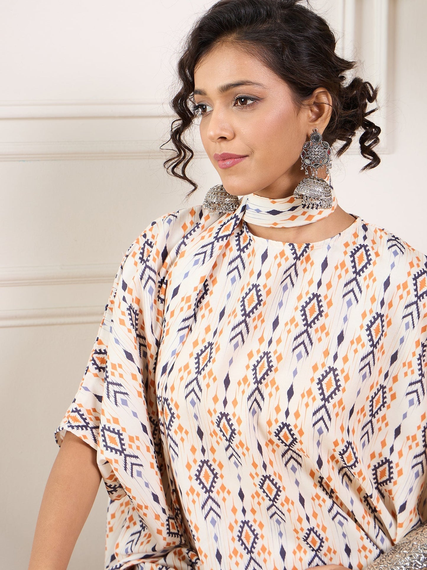 InWeave Off White Orange Black Ikkat Print Tie Neck Kaftan Boho Set - Swadesiicart