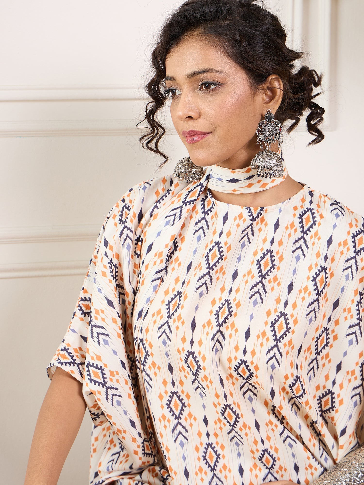 InWeave Off White Orange Black Ikkat Print Tie Neck Kaftan Boho Set - Swadesiicart