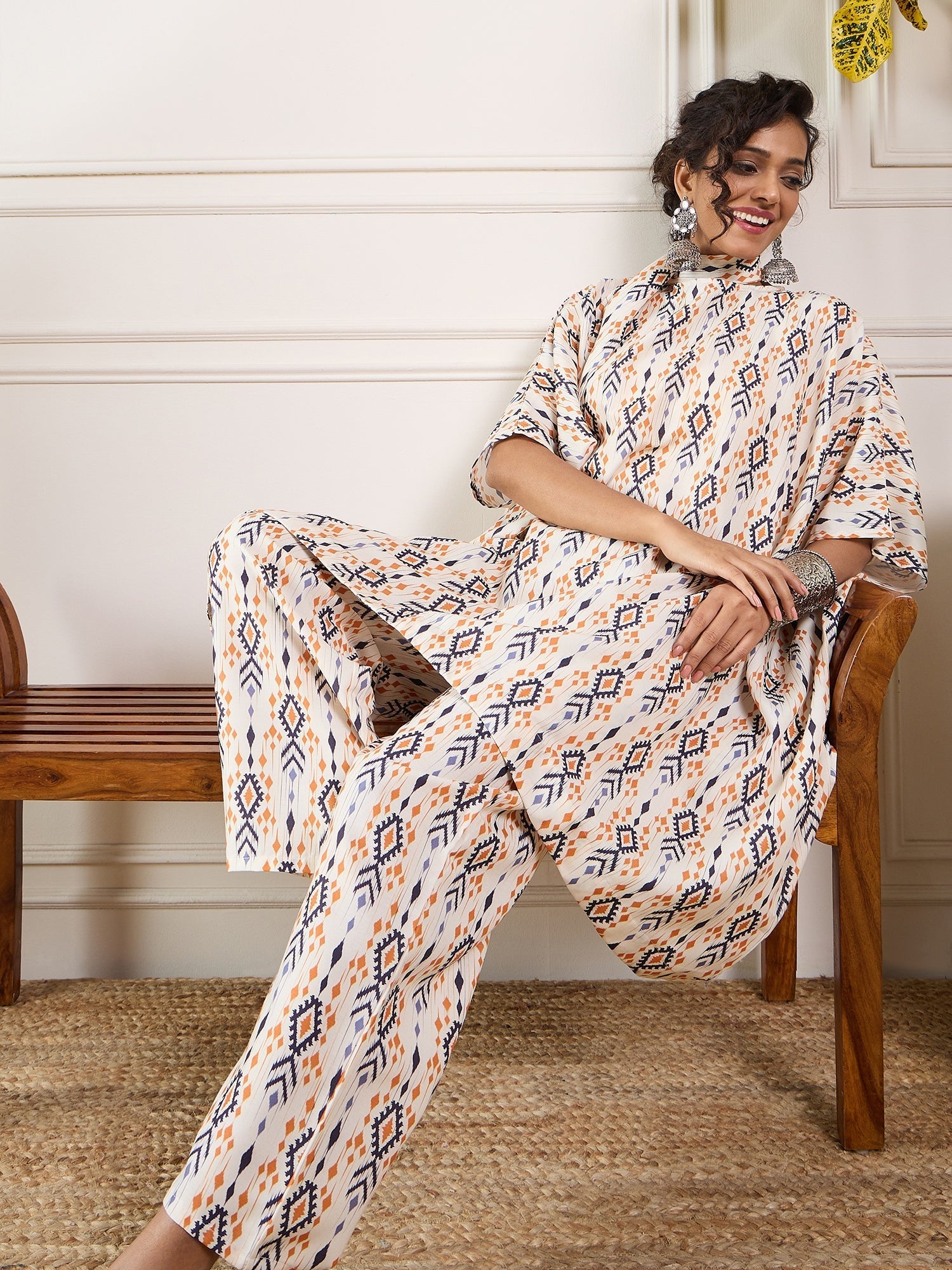 InWeave Off White Orange Black Ikkat Print Tie Neck Kaftan Boho Set - Swadesiicart