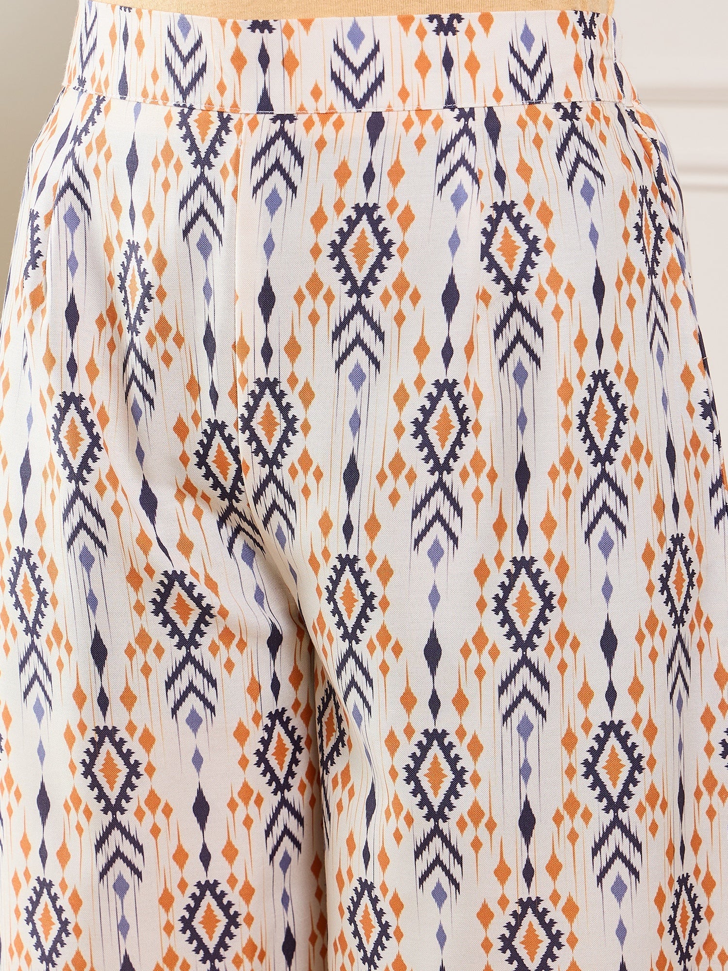 InWeave Off White Orange Black Ikkat Print Tie Neck Kaftan Boho Set - Swadesiicart
