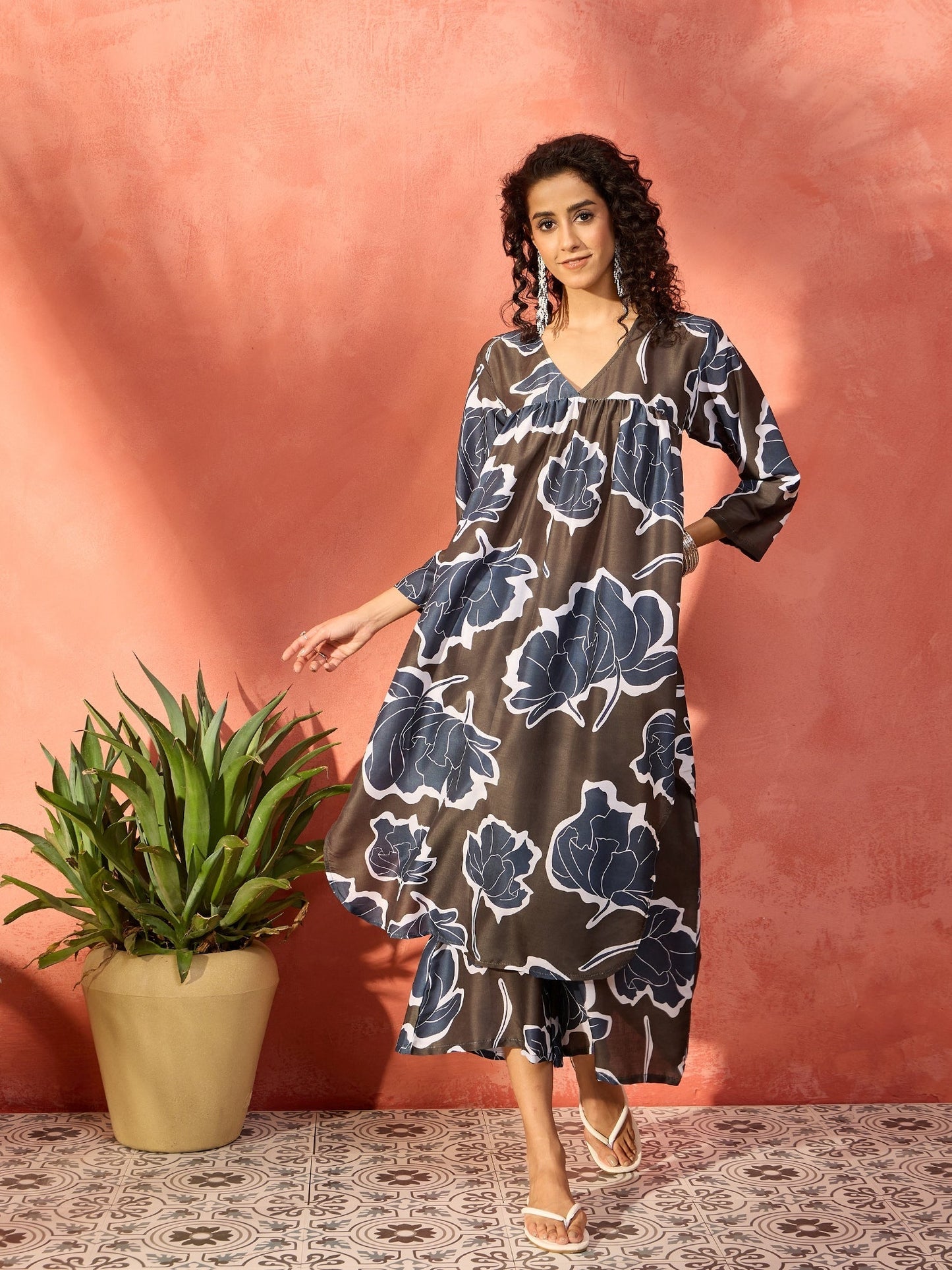 InWeave Mehendi Green Dark Teal Rose V Neck Flared Kurta Set - Swadesiicart