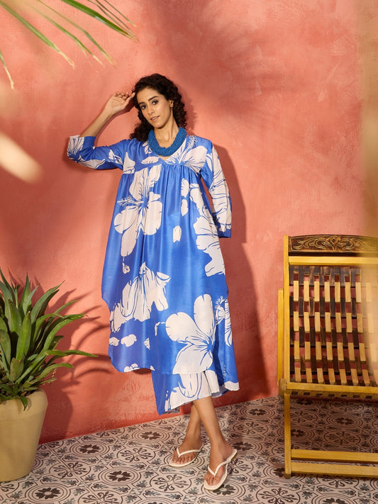 InWeave Azure Blue Hibiscus Kurta Set - Swadesiicart