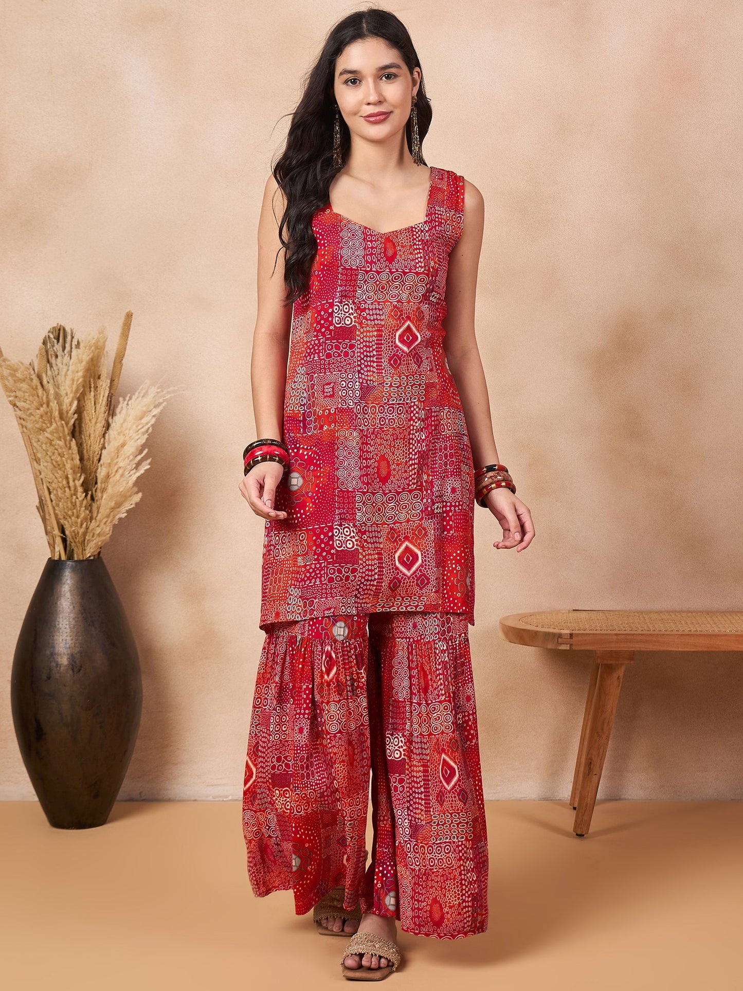 InWeave Orange Red Unique Foil Sweetheart Neck Sharara Set - Swadesiicart
