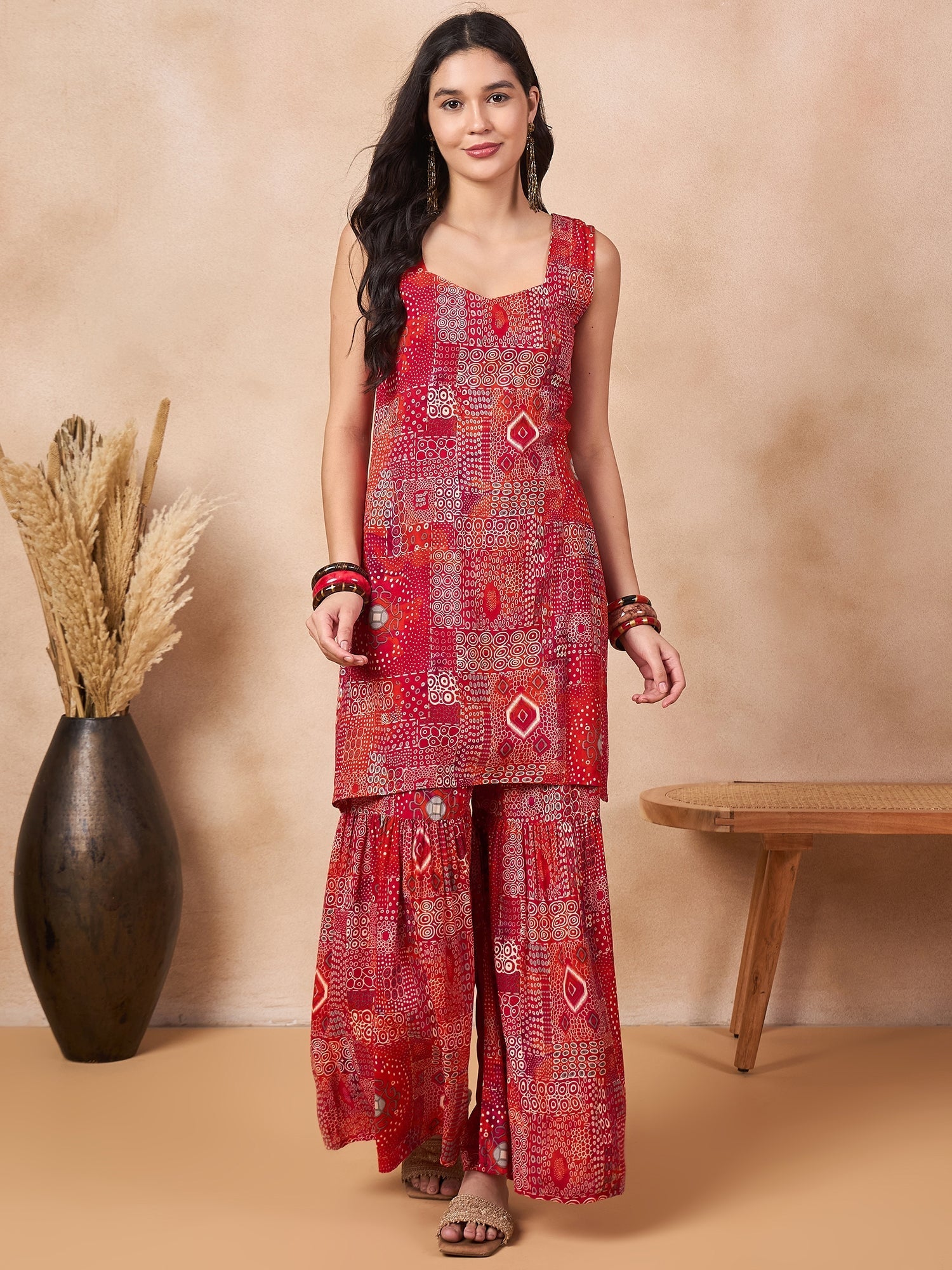 InWeave Orange Red Unique Foil Sweetheart Neck Sharara Set - Swadesiicart