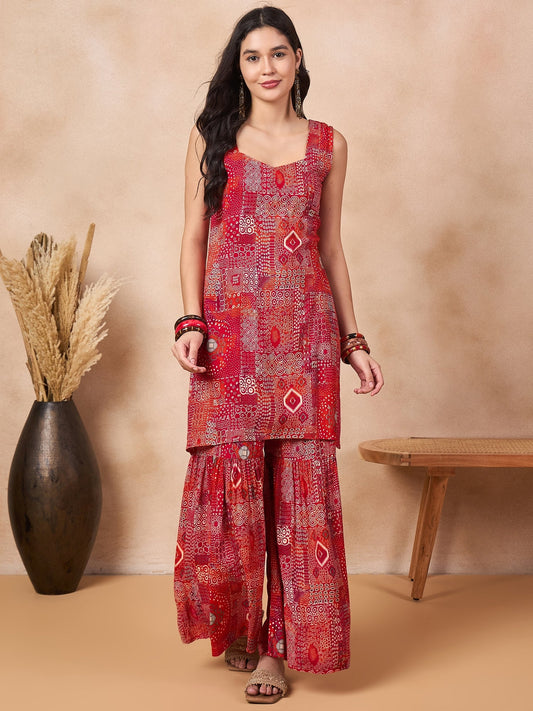 InWeave Orange Red Unique Foil Sweetheart Neck Sharara Set - Swadesiicart
