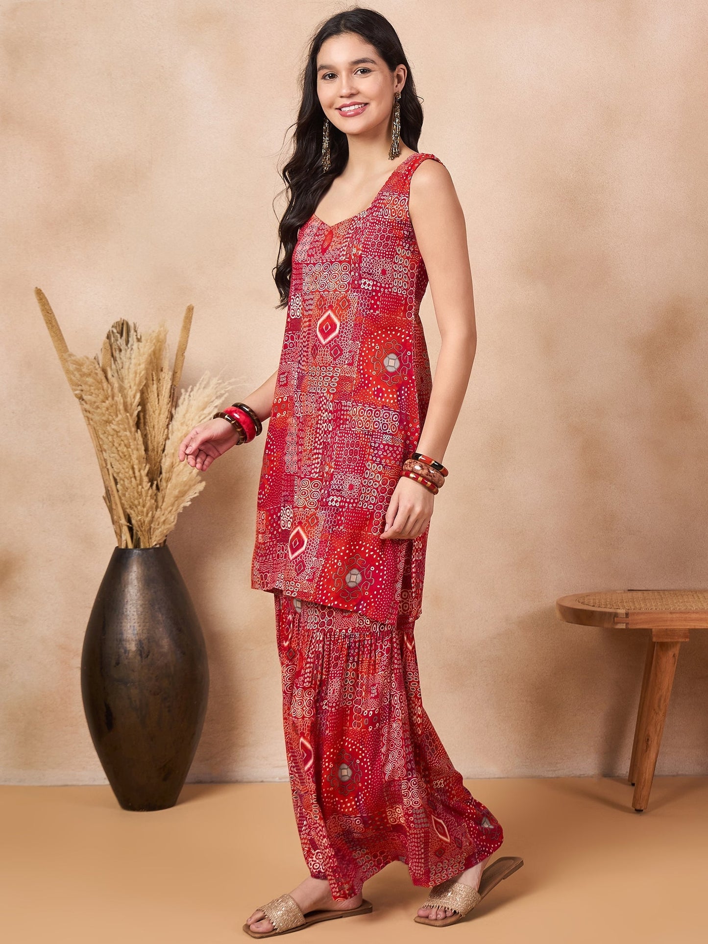 InWeave Orange Red Unique Foil Sweetheart Neck Sharara Set - Swadesiicart