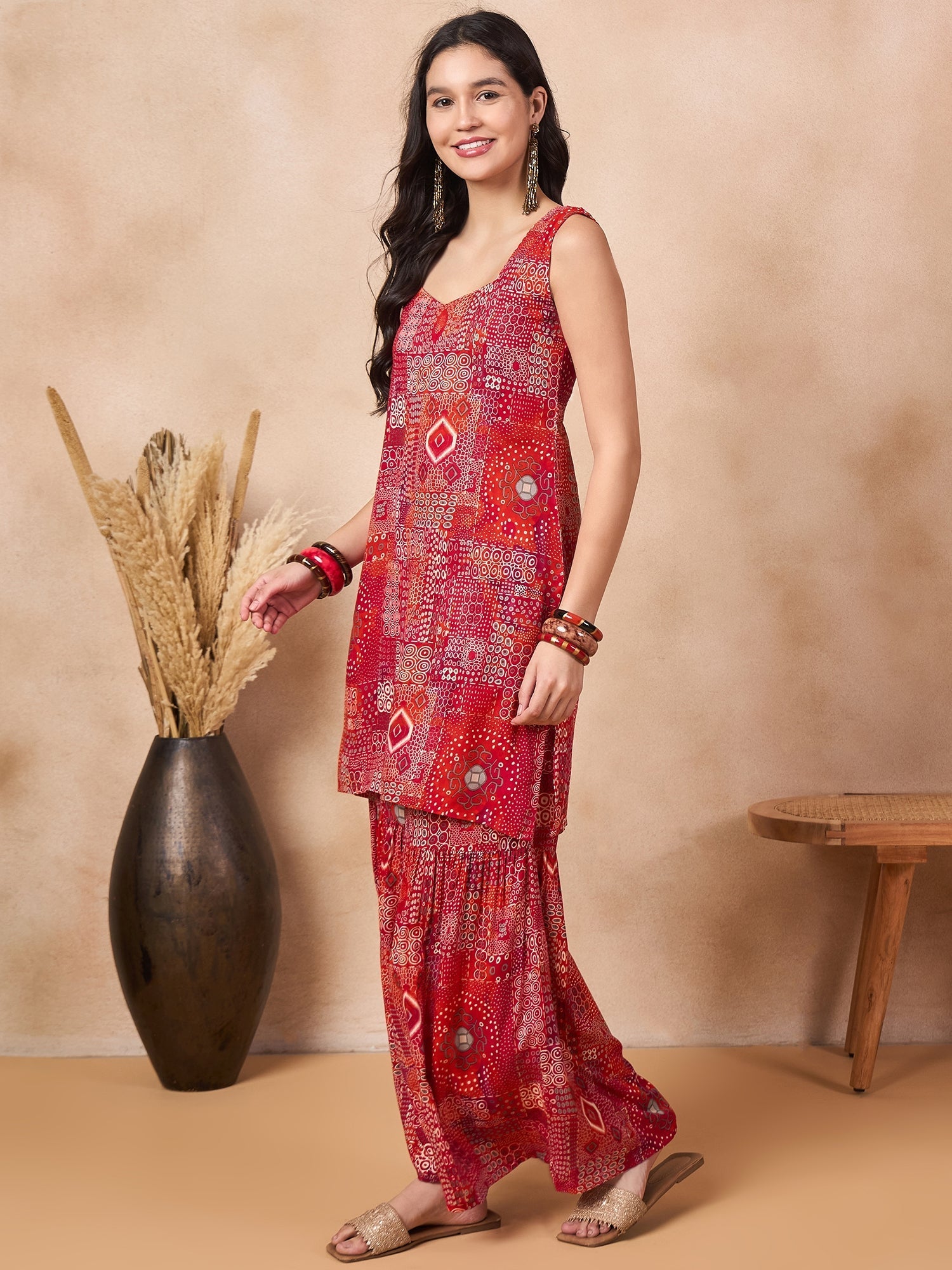 InWeave Orange Red Unique Foil Sweetheart Neck Sharara Set - Swadesiicart