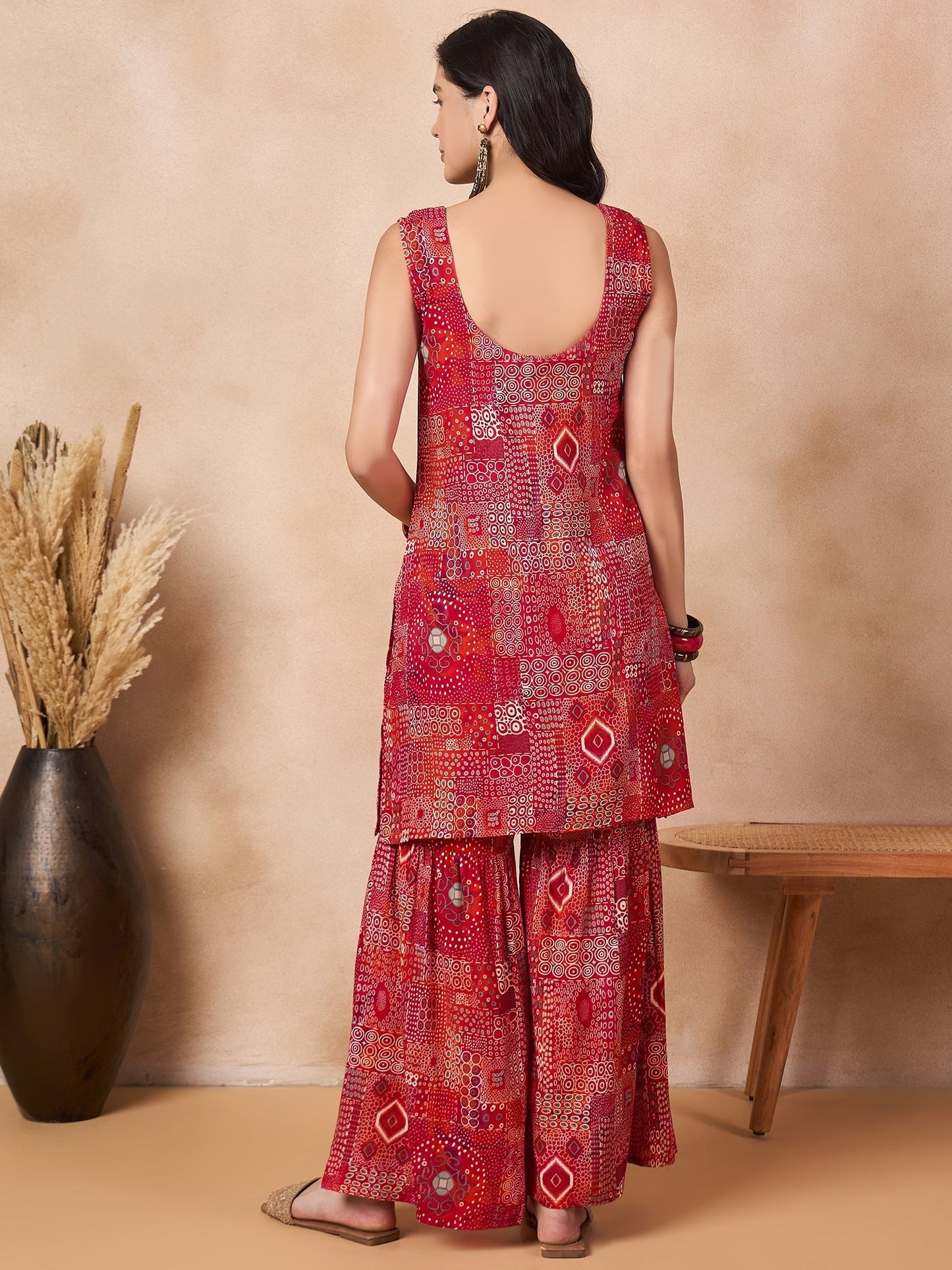 InWeave Orange Red Unique Foil Sweetheart Neck Sharara Set - Swadesiicart