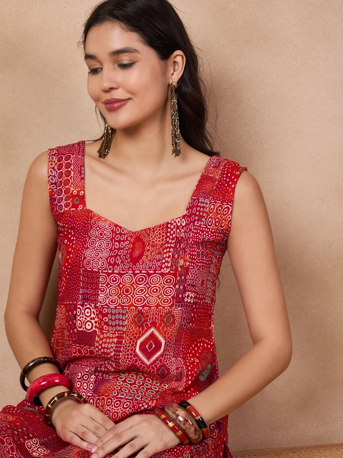 InWeave Orange Red Unique Foil Sweetheart Neck Sharara Set - Swadesiicart