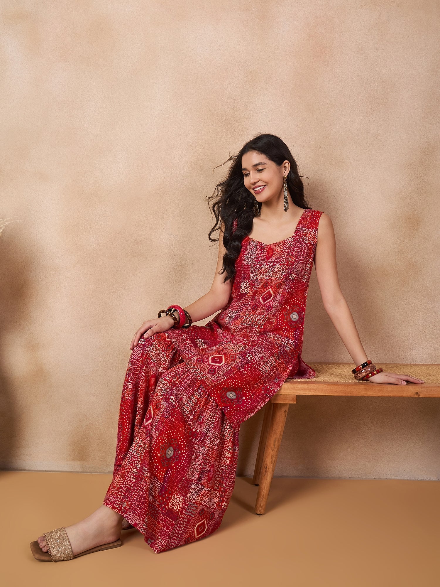 InWeave Orange Red Unique Foil Sweetheart Neck Sharara Set - Swadesiicart