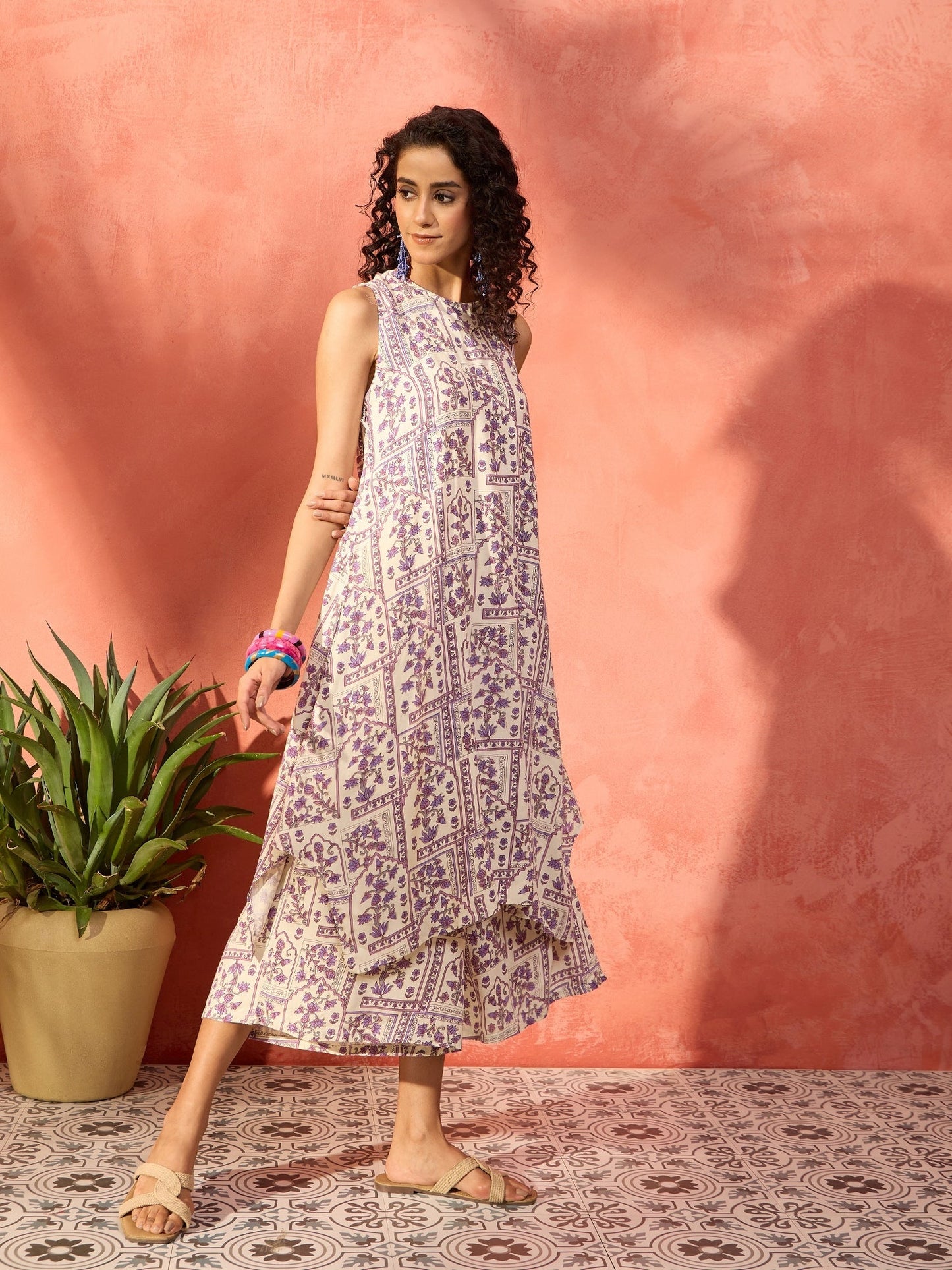InWeave Mauve Ethnic Window Floral Short Palazzo Kurta Set - Swadesiicart