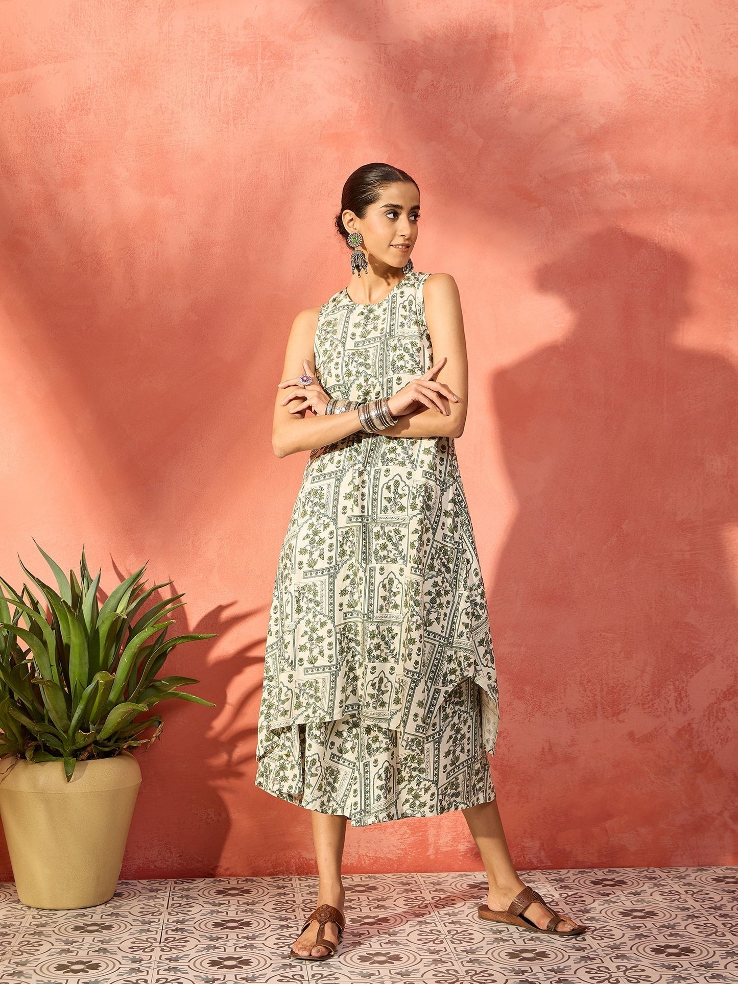 InWeave Sea Green Ethnic Window Floral Short Palazzo Kurta Set - Swadesiicart