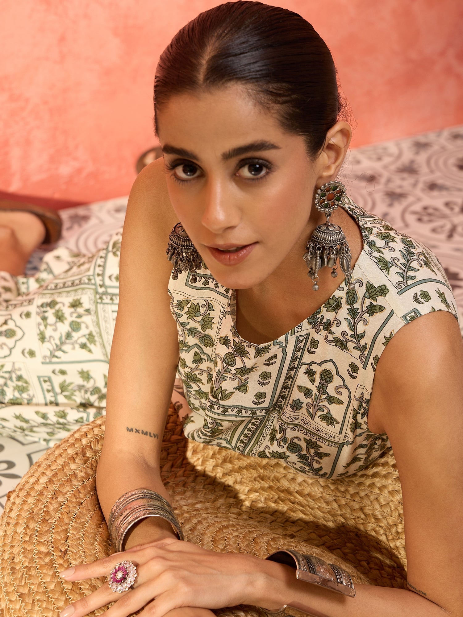 InWeave Sea Green Ethnic Window Floral Short Palazzo Kurta Set - Swadesiicart